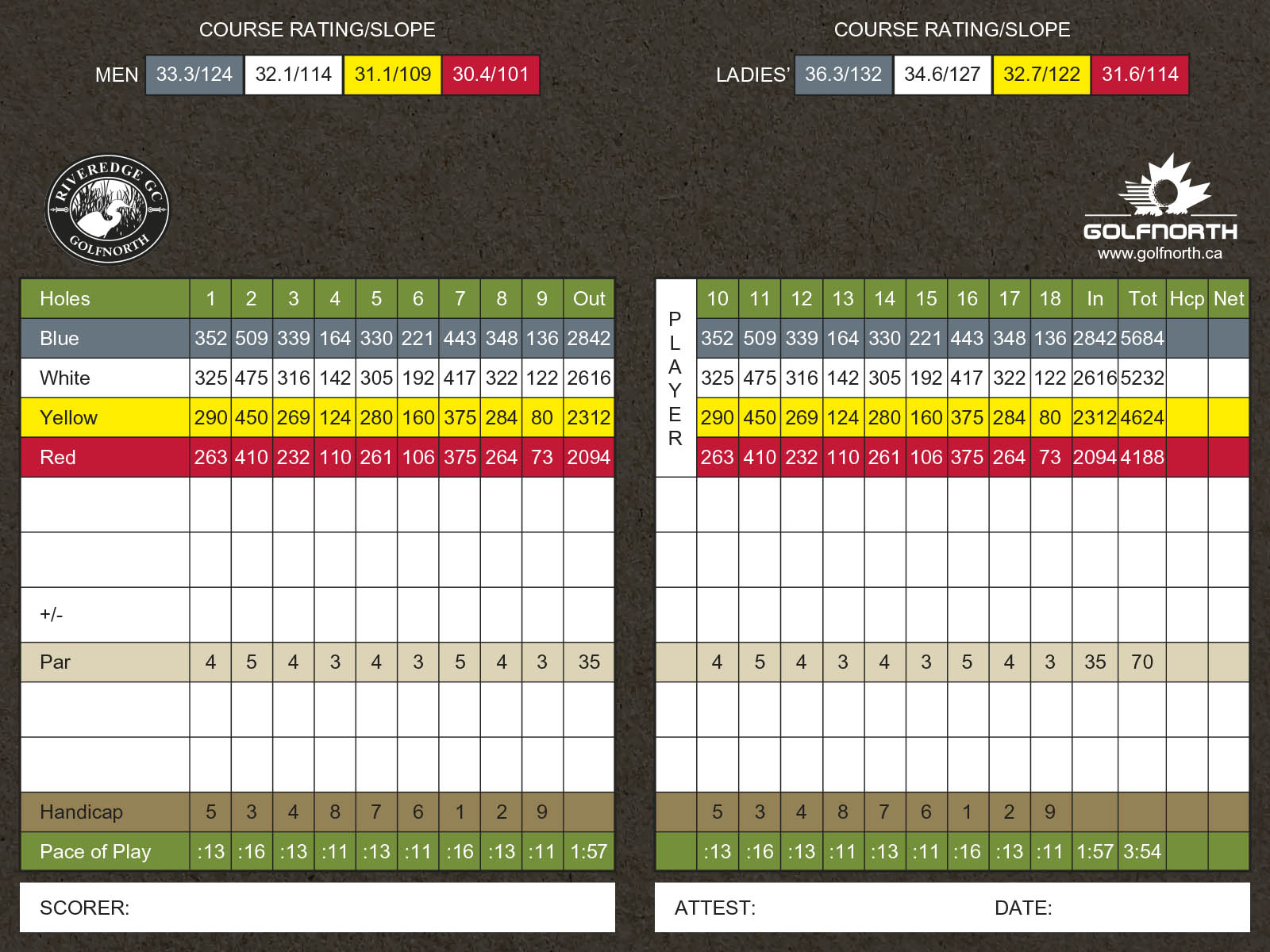 This is an image of RiverEdge Golf Club's scorecard. For those who are visually impaired, please call 1-888-833-8787 for a representative to verbally guide you through the scorecard details.