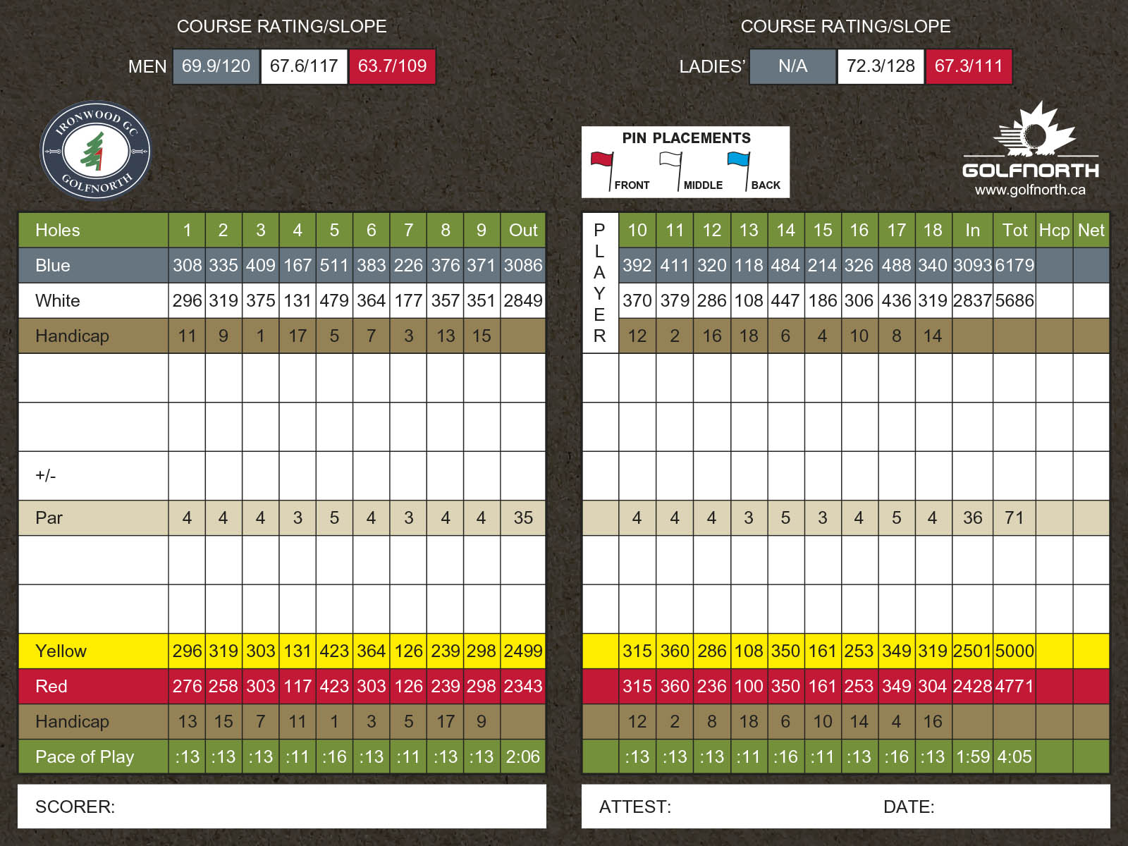 This is an image of Ironwood Golf Club's scorecard. For those who are visually impaired, please call 1-888-833-8787 for a representative to verbally guide you through the scorecard details.