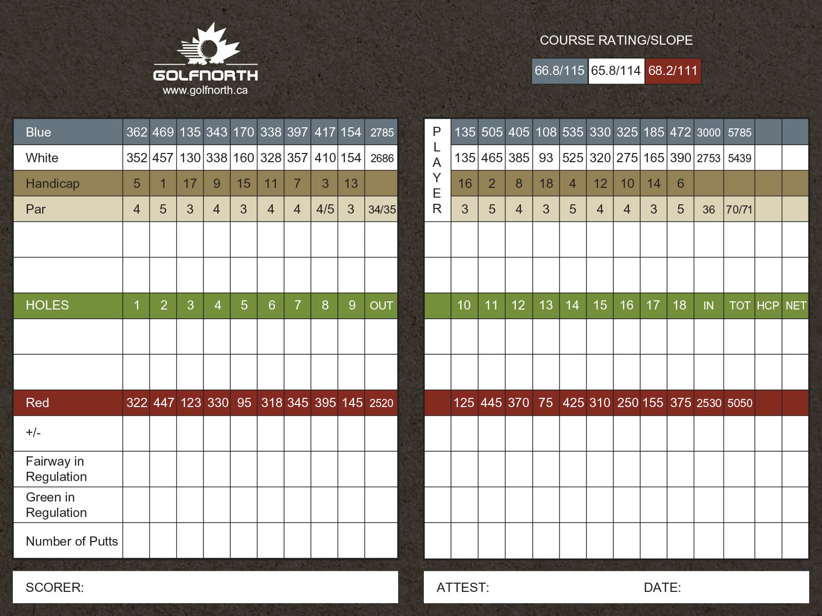 This is an image of Cobble Hills Golf Club's scorecard. For those who are visually impaired, please call 1-888-833-8787 for a representative to verbally guide you through the scorecard details.