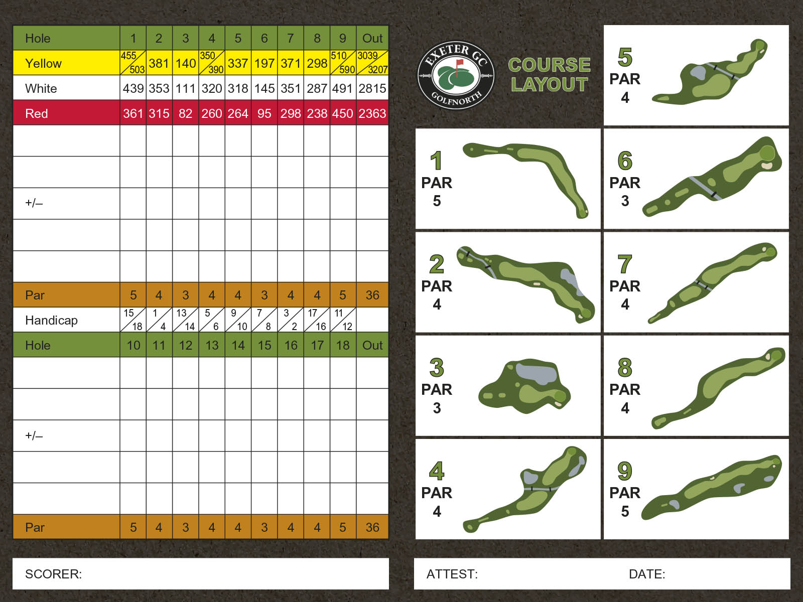 This is an image of Exeter Golf Club's scorecard. For those who are visually impaired, please call 1-888-833-8787 for a representative to verbally guide you through the scorecard details.